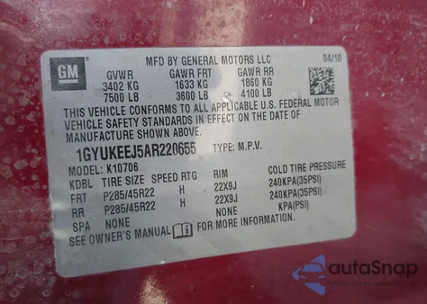 2010 Cadillac Escalade Hybrid Standard z USA, uszkodzony, nr VIN 1GYUKEEJ5AR220655